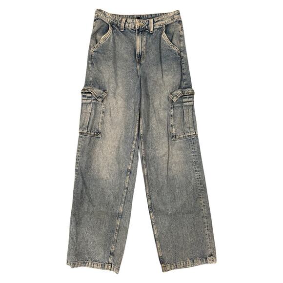 H&M Divided Women’s Cargo Jeans Size 4 Blue Wide Leg Utility Denim 100% Cotton - Picture 2 of 5